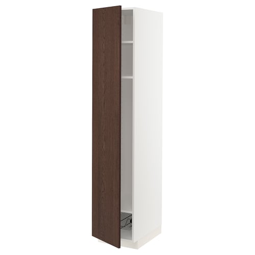 White tall kitchen cabinet with dark brown door, oak veneer, open left side.