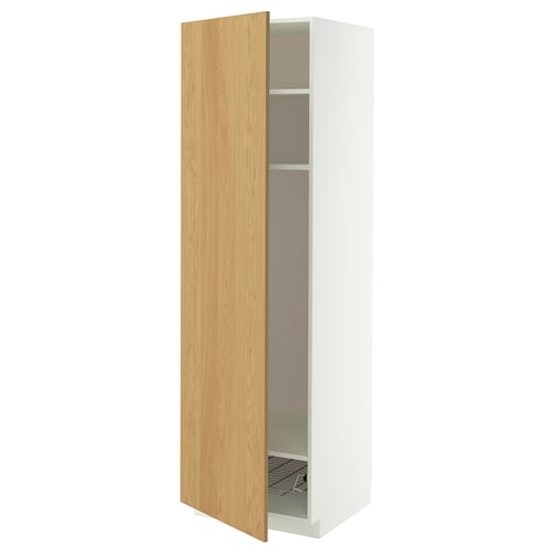 METOD High cabinet w shelves/wire basket, white/Sinarp oak veneer, 60x60x200 cm