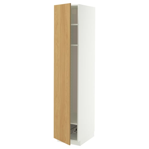 METOD High cabinet w shelves/wire basket, white/Sinarp oak veneer, 40x60x200 cm