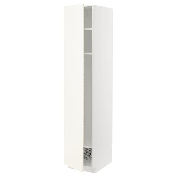 White METOD kitchen cabinet, tall with open sections, adjustable shelves, modern design.