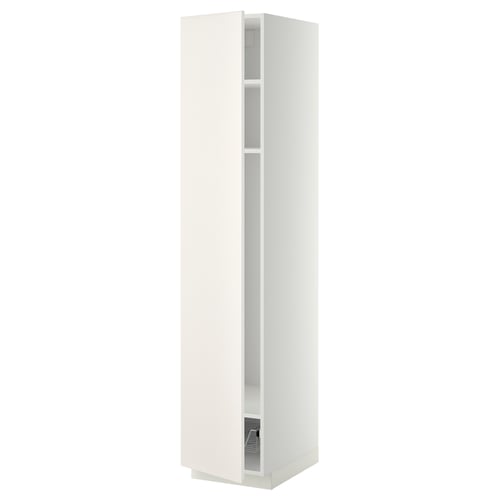 White METOD kitchen cabinet with veddinge smooth doors, adjustable shelves, and nickel hinges. Rectangular, modern design.