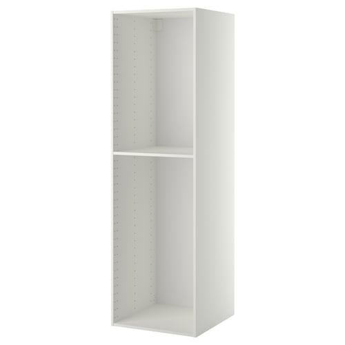 A white METOD high cabinet for kitchen storage, with a single shelf and a perforated interior for adjustable shelving.