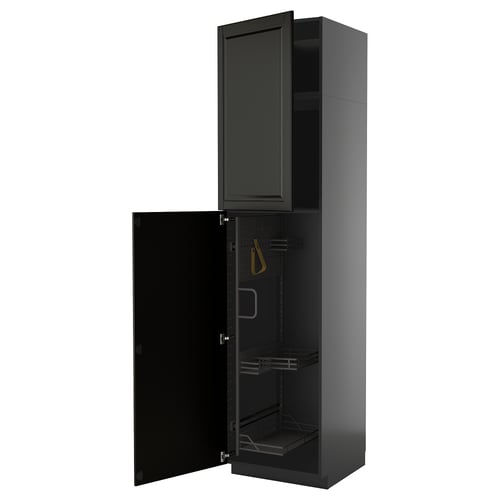 Black kitchen cabinet with open door, modern beveled design, metallic fittings, pull-out shelves.