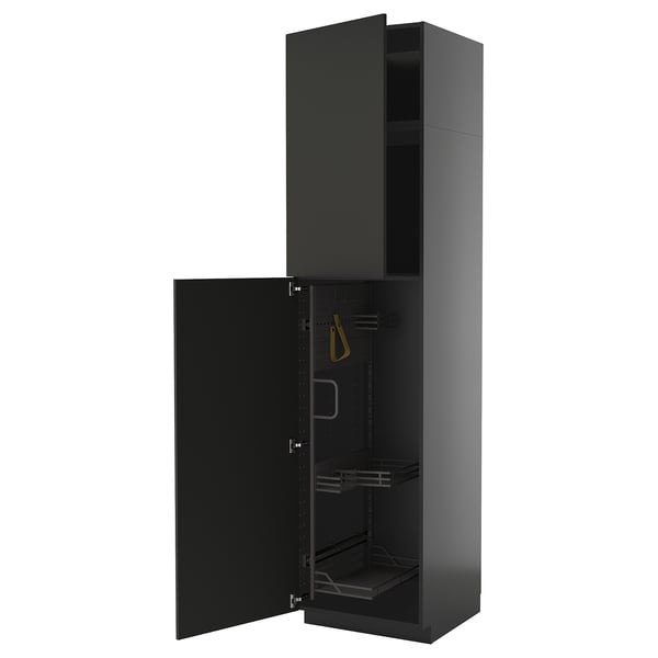 Black METOD cabinet with open door, metal shelves, modern design.