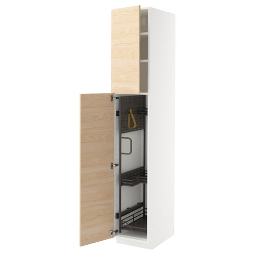 Lit kitchen cabinet, light wood, white, tall, open door, metal shelves.