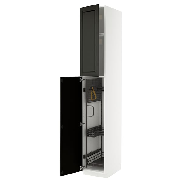 A white METOD kitchen cabinet with black bodbyn beveled doors, open to reveal organized storage compartments.
