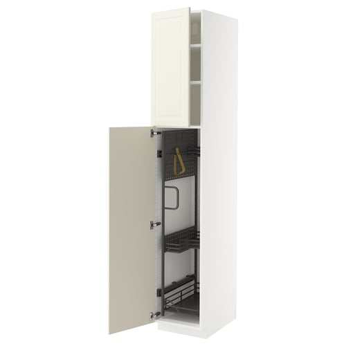 METOD kitchen cabinet in white with off-white door, beveled edges, and pull-out organizer.