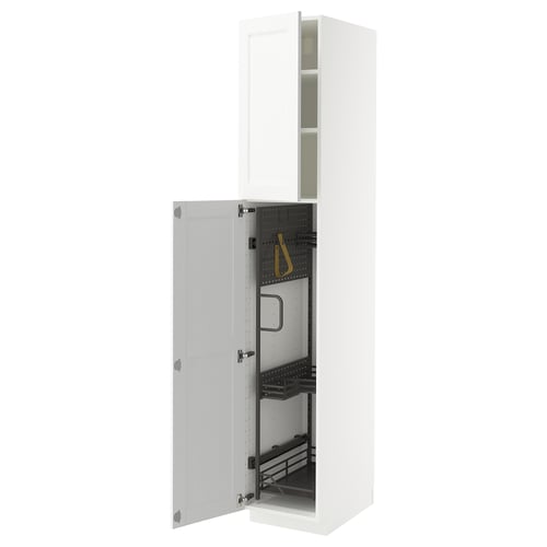 White METOD cabinet with open door, metal interior, adjustable shelves.