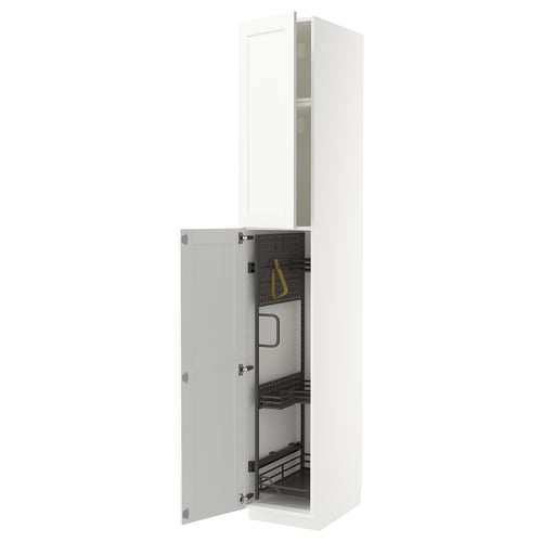 An open white METOD kitchen cabinet with a grain structure. It pull-out organizers and is made of particleboard and fiberboard.