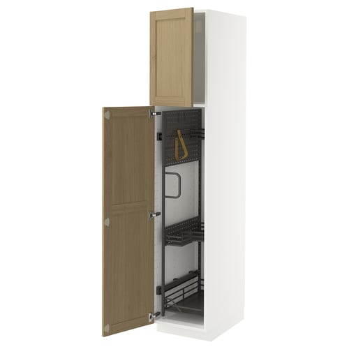 METOD tall white cabinet with oak door open, inner shelves and hooks.