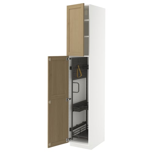 METOD kitchen cabinet, white & oak, vertical, open doors, pull-out organiser.