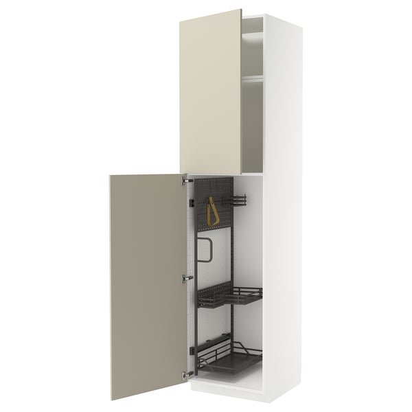 A white and beige METOD kitchen cabinet with pull-out organisers. The cabinet a modern, smooth design with a handle and metal interior shelves.