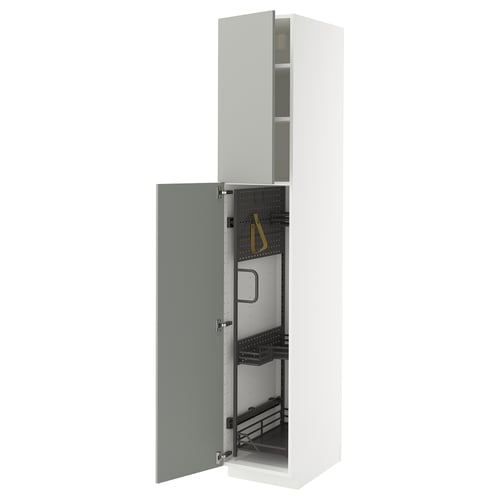 An open white METOD kitchen cabinet with green doors and metal organizers.
