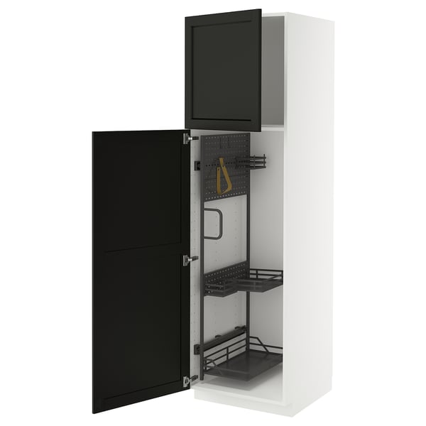 A white METOD cabinet with black doors and shelves, featuring a hanging organiser.