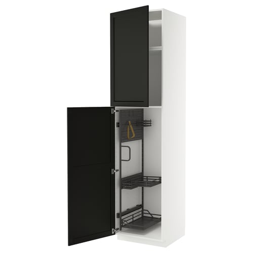 A white METOD cabinet with black doors and pull-out organizers. It a sturdy frame and snap-on hinges. The door is removable for easy cleaning.