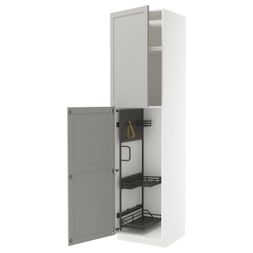 METOD kitchen cabinet with light grey fronts, tall, pull-out organisers, modern-traditional design, bevelled edges.