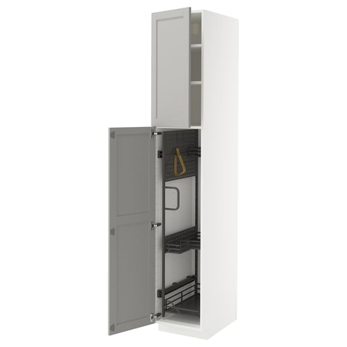 White METOD cabinet with grey lerhyttan doors and internal organisers.