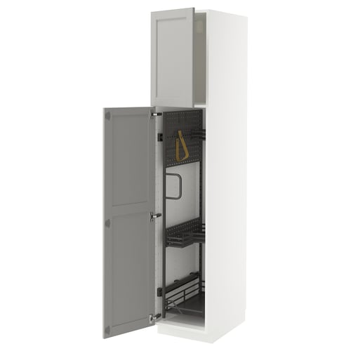 METOD kitchen cabinet, white with grey door, opened showing storage and hooks.