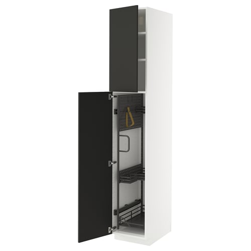 A modern METOD kitchen cabinet in white with black matt doors. It adjustable shelves and storage solutions inside.