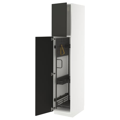 METOD kitchen cabinet, white, modern, with black matt nickebo doors, sturdy frame, pull-out organiser, adjustable hinges.