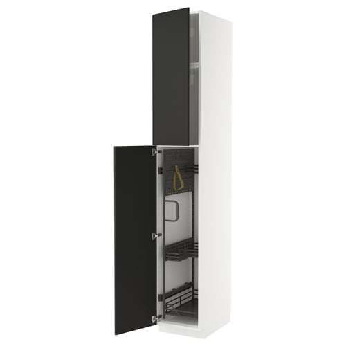 A modern white METOD kitchen cabinet with a black door open. It has pull-out organizers and sturdy construction for versatile use.
