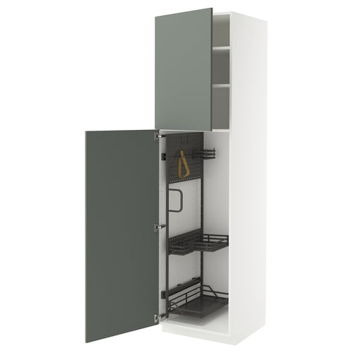 Modern kitchen cabinet with gray-green door, white body, adjustable shelves, and organiser; part of METOD system.