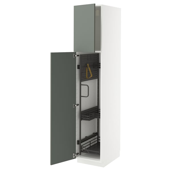 METOD kitchen cabinet in grey-green with pull-out organisers, white interior, hinged doors on left and right.