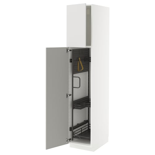 A white METOD high cabinet with a grey ringhult door, showcasing its organized interior storage and modern design.