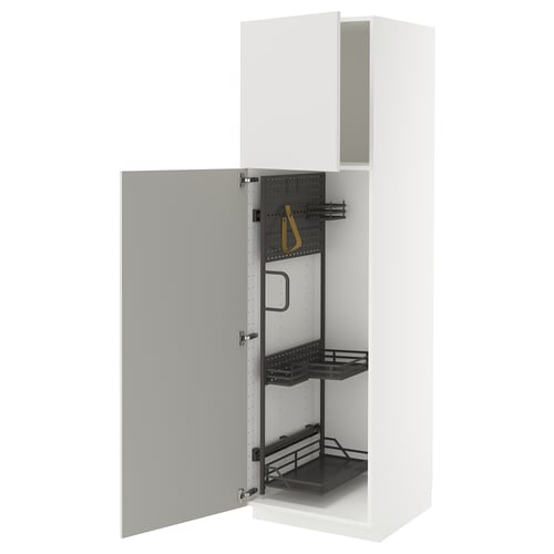 A white METOD kitchen cabinet with a grey door and black interior storage organizers.