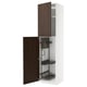 METOD tall kitchen cabinet, dark brown sinarp wood, open showing pull-out organizer.