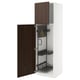 An open METOD kitchen cabinet with dark brown sinarp wood doors, featuring a pull-out organiser and shelves.
