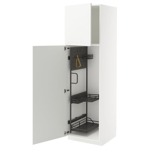 White METOD kitchen cabinet, open with shelves and hanging strap.