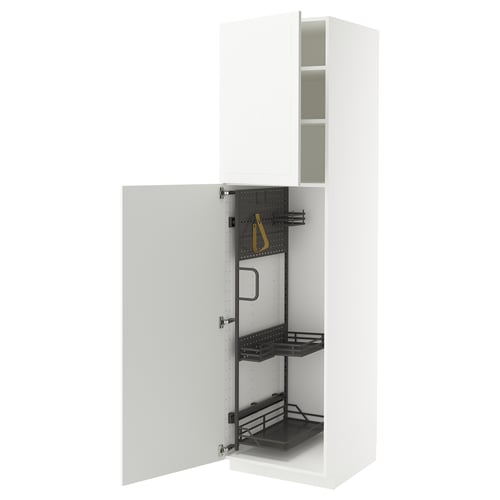 METOD white cabinet with pull-out organizers. Modern design, fiberboard and steel, rectangular shape.