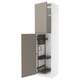METOD kitchen cabinet in grey-beige with open door revealing pull-out organizers, made of fibreboard and particleboard, featuring a modern design.
