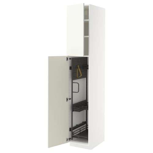 METOD white cabinet with green door open, hinged, pull-out organisers, steel parts.