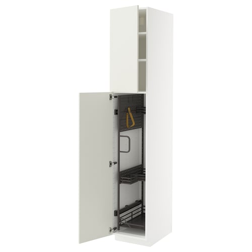An open white METOD kitchen cabinet with pull-out organisers.