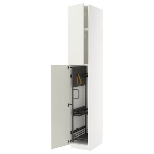 Open METOD kitchen cabinet with organised compartments and shelves.
