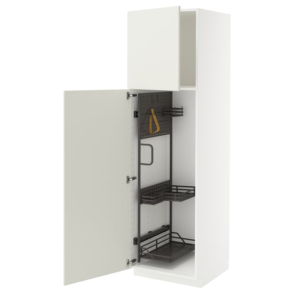 A white METOD kitchen cabinet with pull-out organisers in black and yellow, mounted on a wall.