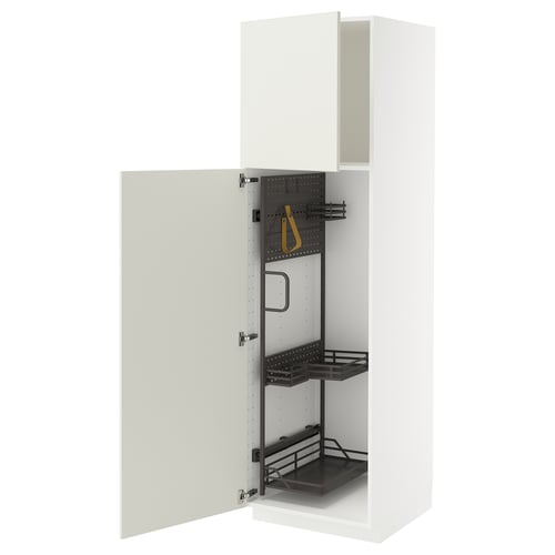 A white METOD kitchen cabinet with pull-out organisers in black and yellow, mounted on a wall.