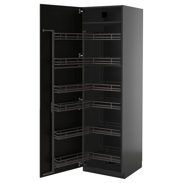 Black pull-out larder unit by ikea, part of the METOD kitchen system. Multiple wire shelves behind a dark, beveled wooden door.