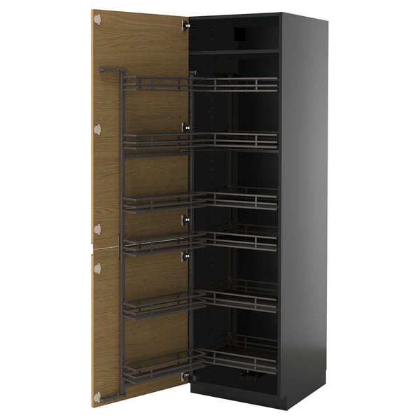 Modern black METOD kitchen cabinet with wooden doors and metal pull-out shelves.