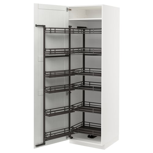 A white METOD kitchen cabinet with black metal pull-out shelves.