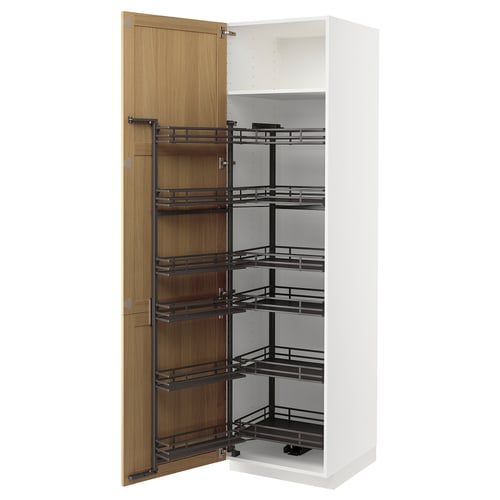This image shows a white METOD kitchen cabinet with oak doors, featuring six black pull-out shelves.