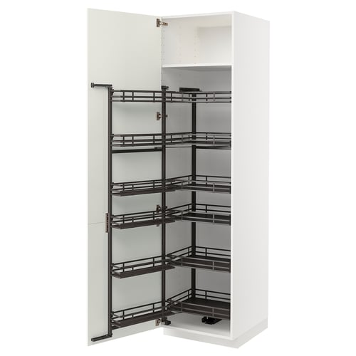 White METOD kitchen cabinet with 5 pull-out shelves open. Modern, minimalist design, smooth finish.