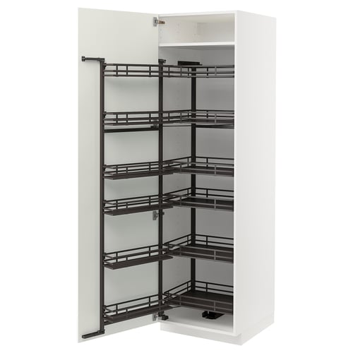 Displays a white METOD kitchen cabinet with a pull-out spice rack. It has six shelves and a sleek, modern design.