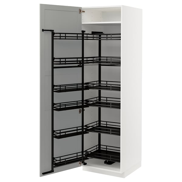 A white METOD kitchen cabinet with black pull-out shelves. It has a sleek, modern design.
