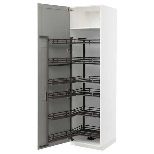 White METOD cabinet with pull-out shelves, classic design, solid and engineered wood.