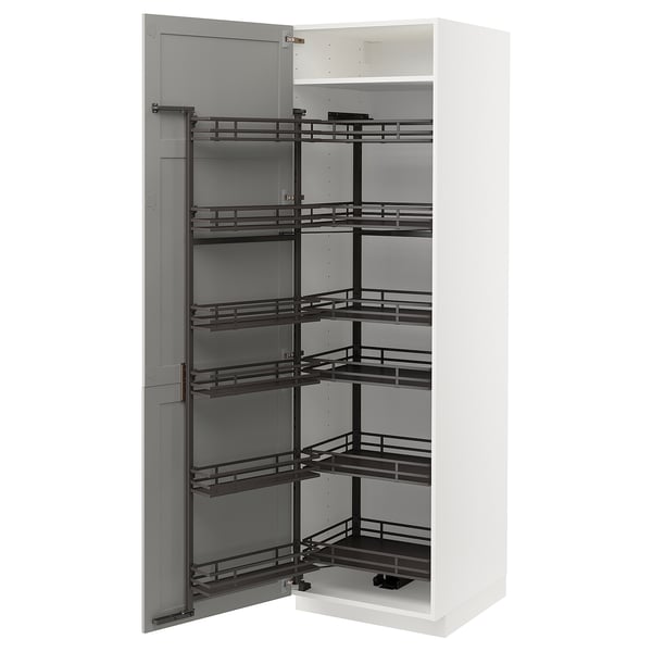 A white METOD kitchen cabinet with light grey lerhyttan doors, featuring a pull-out larder.
