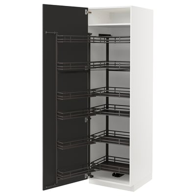 A METOD kitchen cabinet in white with black pull-out shelves, featuring multiple compartments for storage.