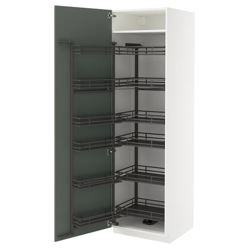Modular kitchen cabinet, white with green-gray pull-out shelves.